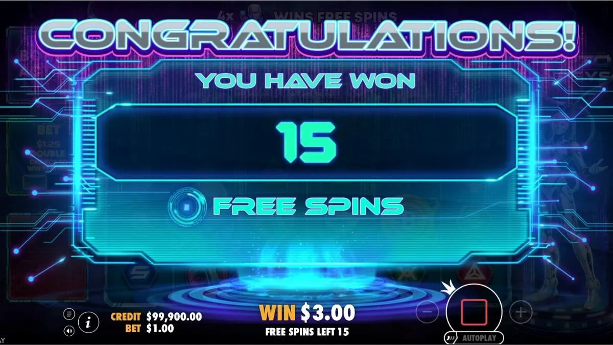 Crypto Genesys slot machine interface with neon cyberpunk aesthetics